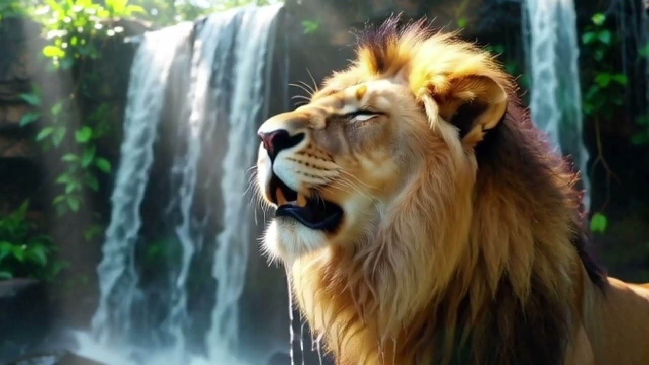 Lion Near Waterfall 🦁 | Free Stock Video | Free to Use | No Copyright | AI Generated | LN4