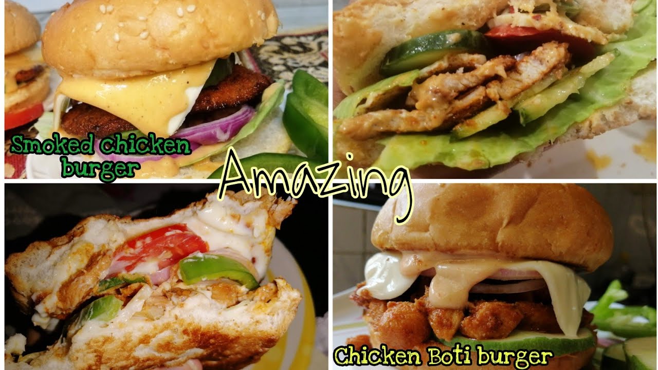 2 unique & amazing chicken burger recipe (smoke chicken burger /chicken boti burger) by  shahz zaiqa