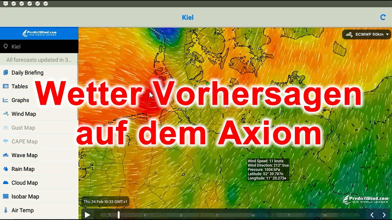 Wettervorhersagen auf dem Raymarine Axiom+ Display von Predictwind.