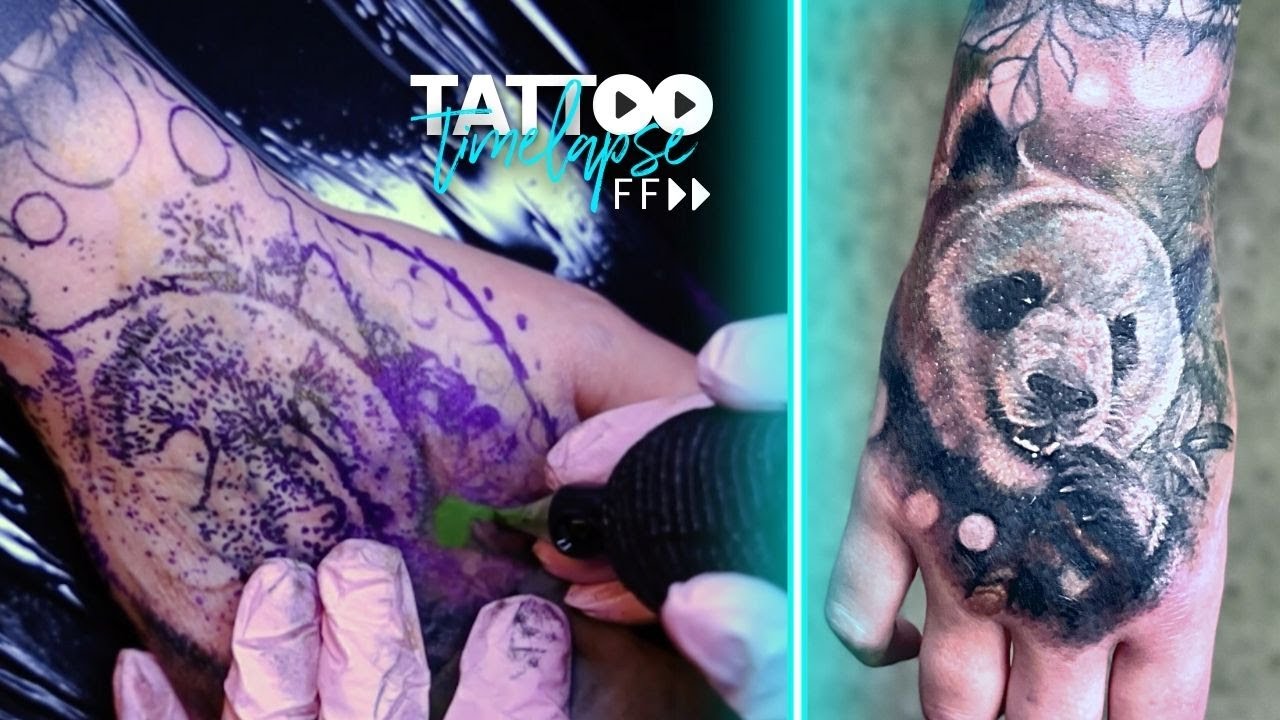 COVERUP PANDA⚡Hand Tattoo Time Lapse by Tattoo Artist Electric Linda