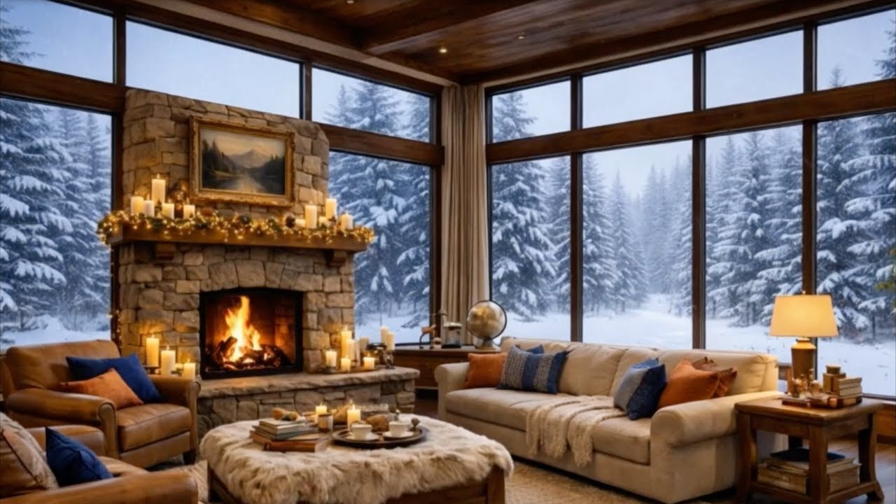 Cozy Winter Fireplace Ambience ❄️🔥 Snow Falling Outside | Warm Living Room Sounds for Relaxation