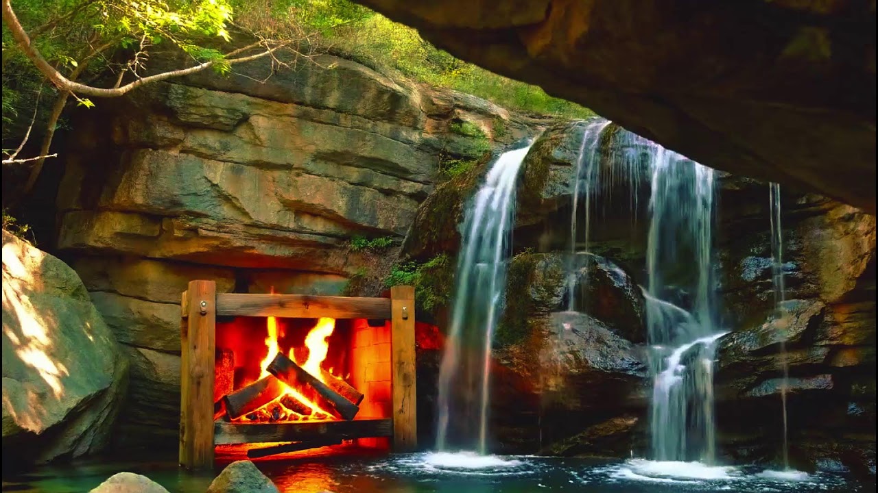 Quiet Warm Fire &  Waterfall  Sounds with  Gentle Birds  | Cozy Hearth ASMR |  Relax & Focus