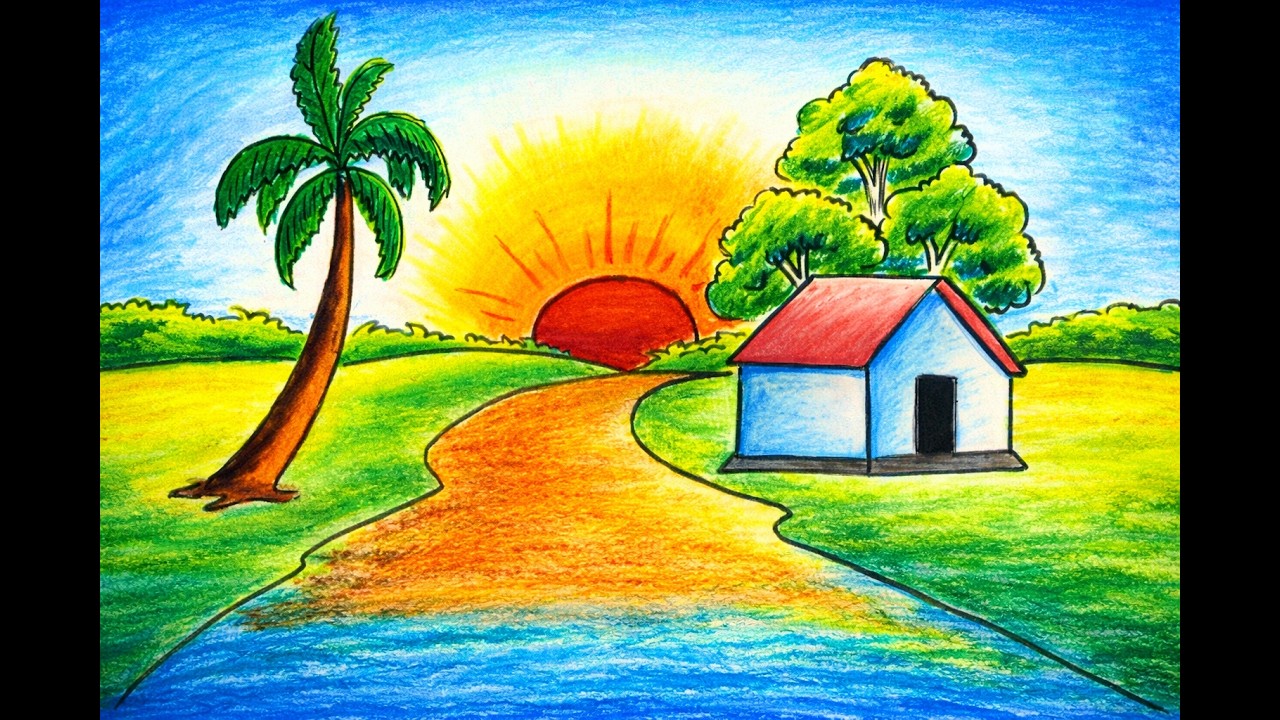 Sunset Landscape Drawing 🌄 | Simple and Easy Art Tutorial