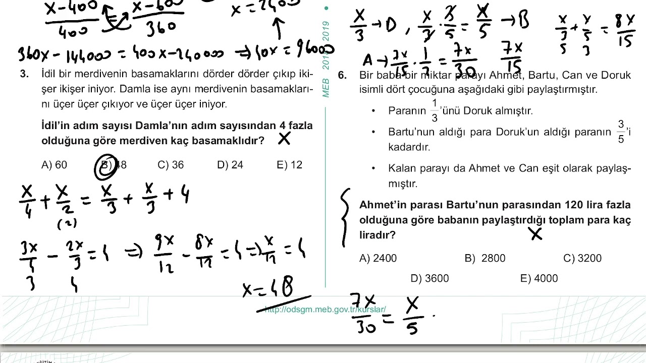 Mezun Matematik Sayısal Yeterlilik Kazanım Kavrama Test 19 (Problemler) Çözümler