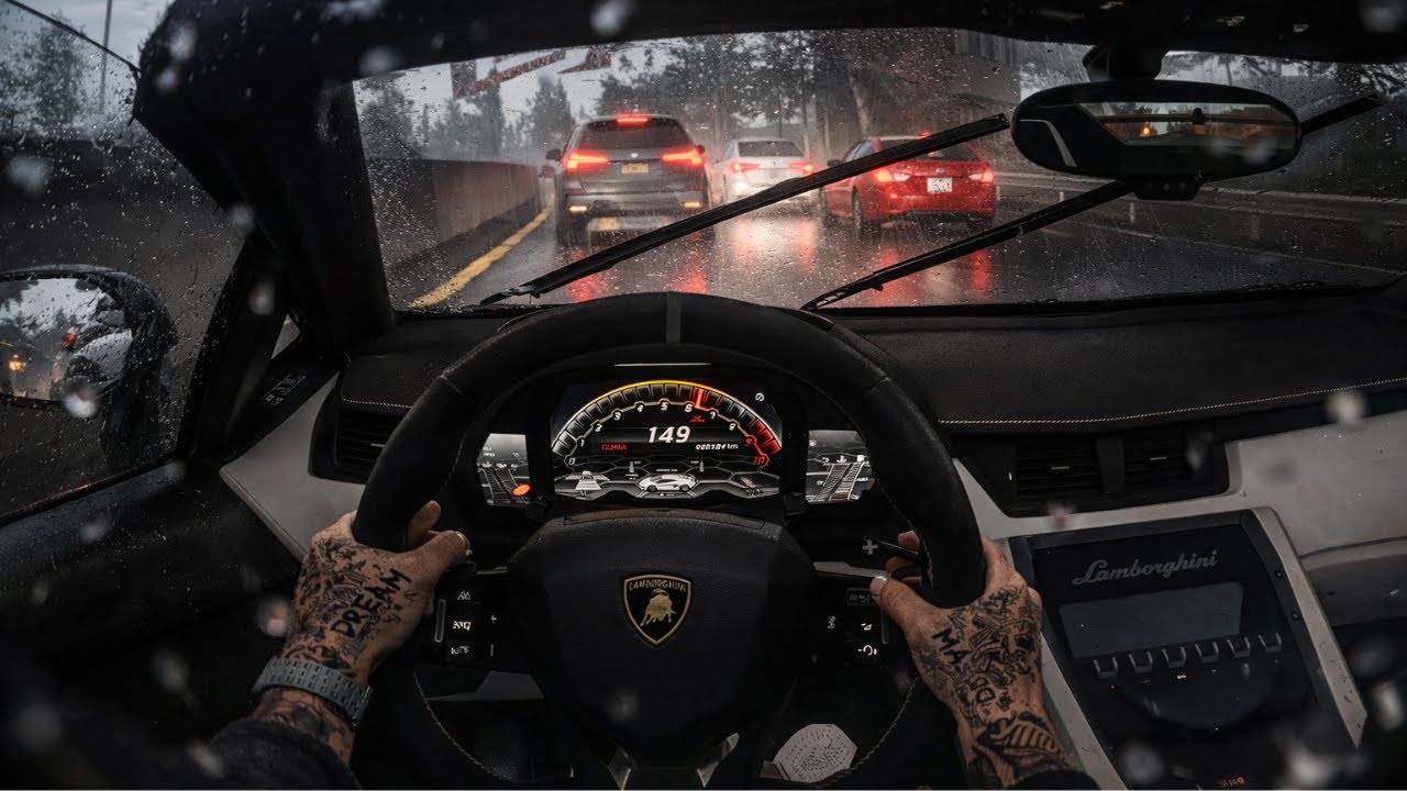 Lamborghini Aventador POV RAIN DRIVE | Cutting Through Traffic | Assetto Corsa
