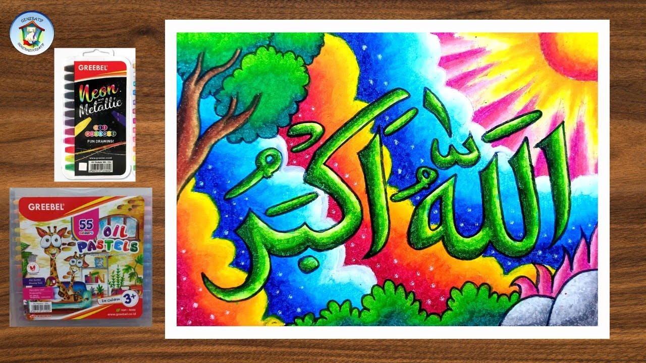 Menggambar Kaligrafi Allahu Akbar dengan Crayon Oil Pastel