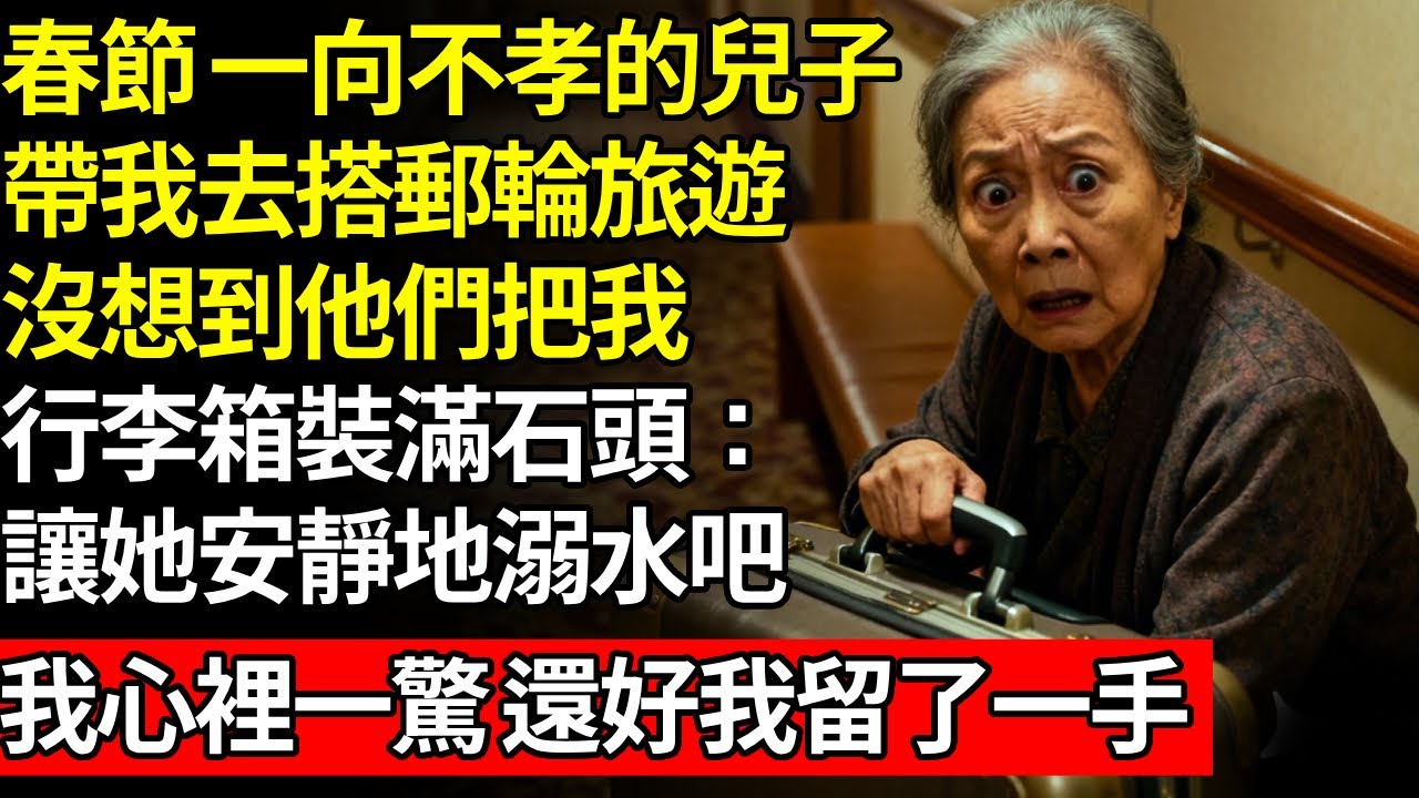 春節假期，一向不孝的兒子，邀請我去坐郵輪旅遊，沒想到當晚我聽到了對話，他們把我的行李箱裝滿了石頭，說：“讓她在郵輪上安靜地溺水吧。”我心裡一驚，還好我留了一手#養老#不孝子#人間家務#退休金