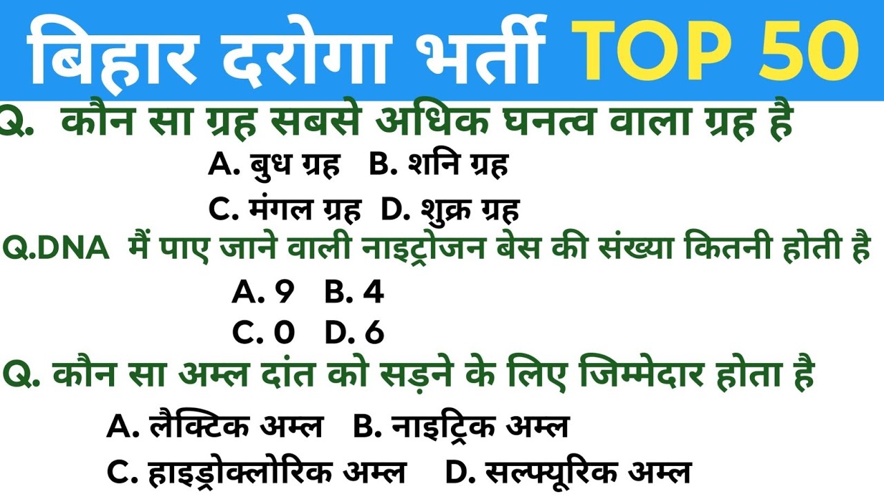 Bihar Daroga Exam 2025 | Bihar SI GK Questions | Bihar Police Sub Inspector Important MCQ