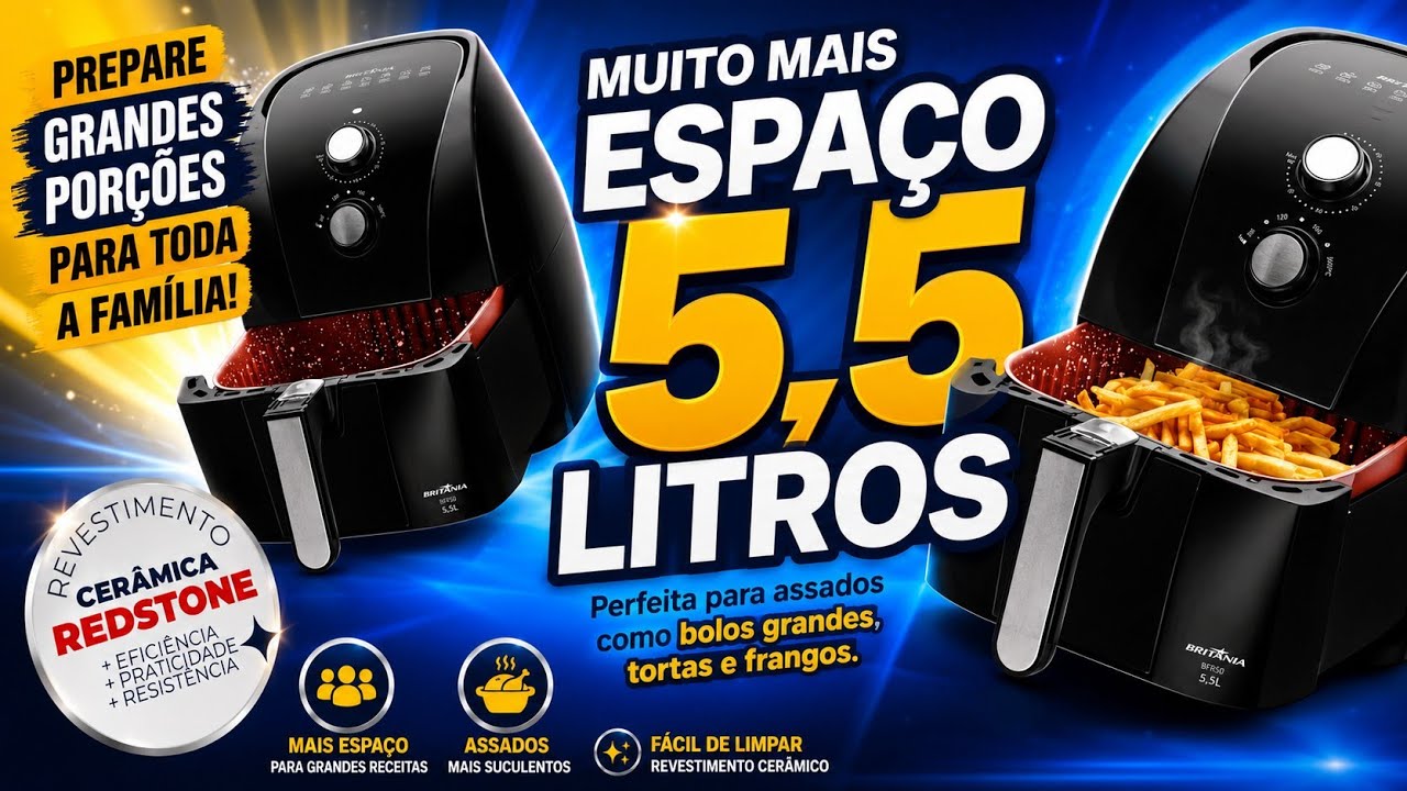 Fritadeira Airfryer Brit&acirc;nia BRF 50 5,5 litros bandeja 24 Por 24 Cm