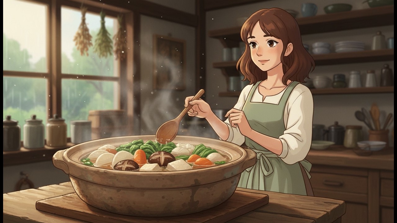 Rain Against the Kitchen Window — Baking Bread at Dusk | Ghibli Rain Kitchen