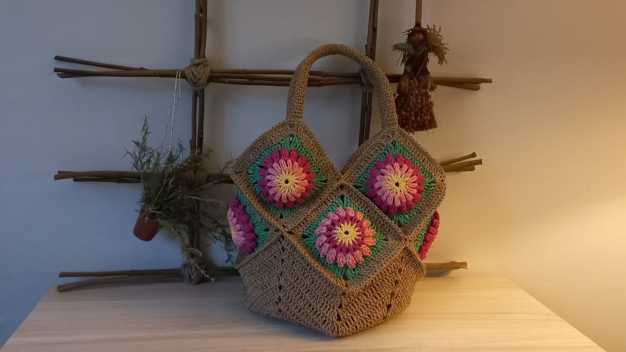 ÇİÇEK MOTİFLİ ÇANTA/POPCORN ÇİÇEK İLE KAĞIT İP LALE ÇANTA/EASY CROCHET BAG TUTORİAL/HANDMADE BAG