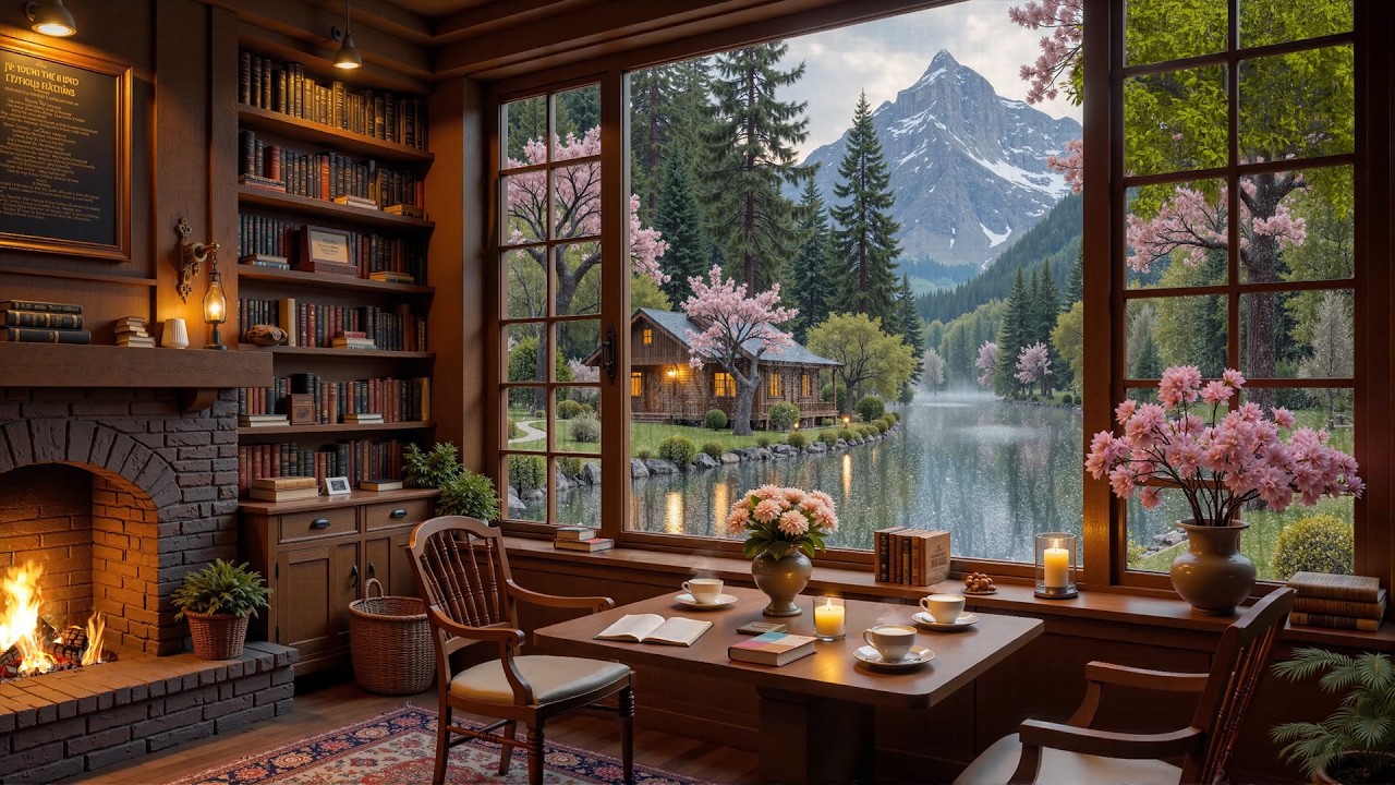 Quiet March Rainy Cafe ☕ Soft Jazz Piano, Fireplace Glow & Cozy Ambience for Focused Study