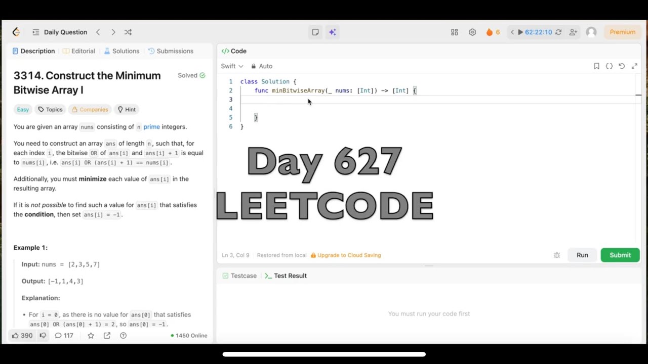 Day 627: Leetcode Problem 3314. Construct the Minimum Bitwise Array I  -Swift