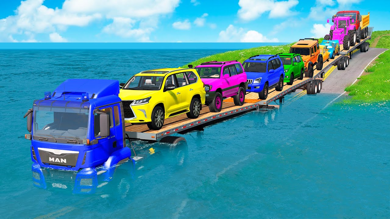Triple Flatbed Trailer McQueen Transportation with Truck - Speedbumps vs Cars vs Train - BeamNG #44