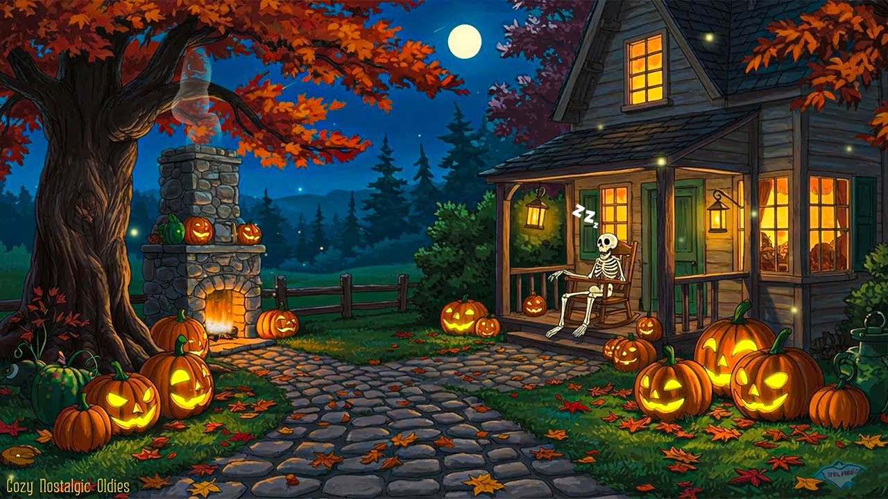 cozy autumn village halloween ambience 1950's with vintage oldies music playing in another room