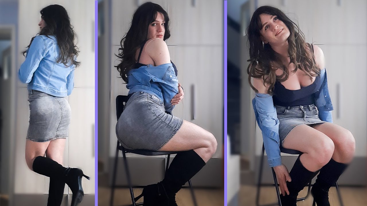 Sexy crossdresser in denim skirt showing off some curves