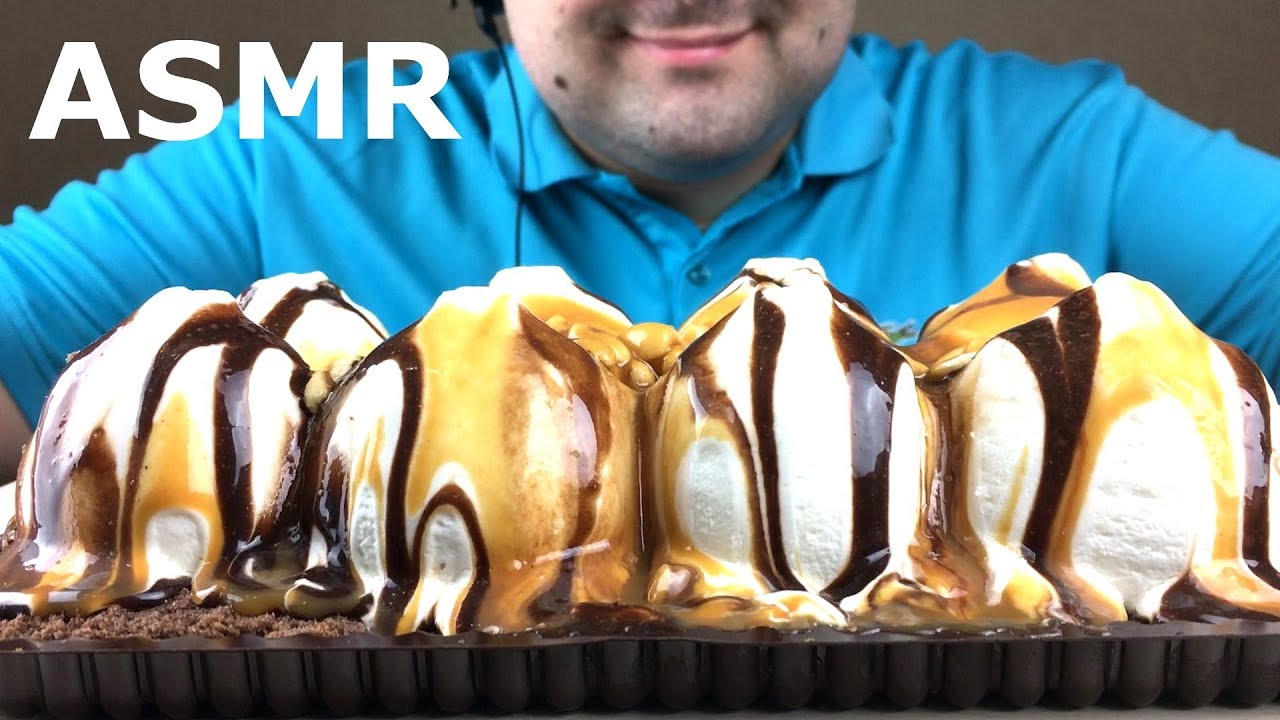 ASMR DESSERT ICE CREAM CAKE (Chocolate, Caramel, Peanut) Relaxing Eating Sounds