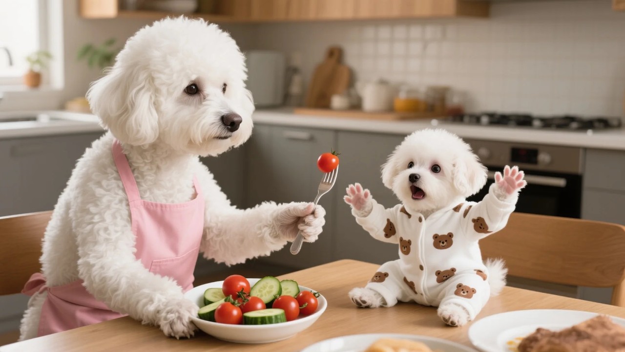 Cute Puppy Doesn’t Like Eating Vegetables, Mom Dog Helps the Puppy Learn to Love Veggies 🐶🥦