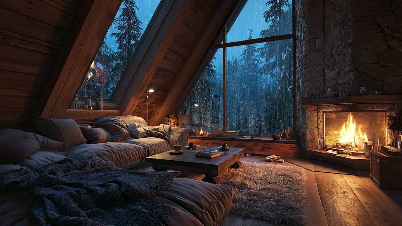 Heavy Rain and Warm Fireplace in a Cozy Forest Cabin | Natural Sounds for Deep Sleep and Relaxation