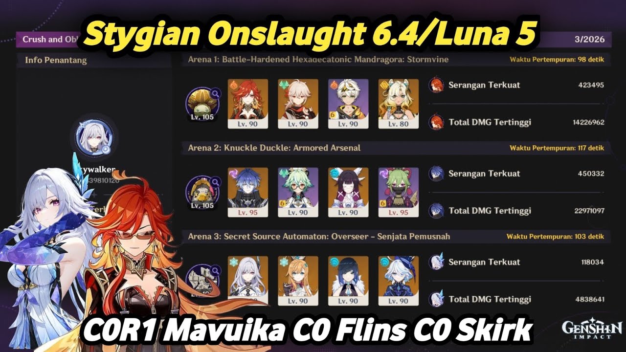 New Genshin Stygian Onslaught 6.4 [Luna 5] | Fearless [318s] | C0R1 Mavuika & C0 Flins & C0 Skirk