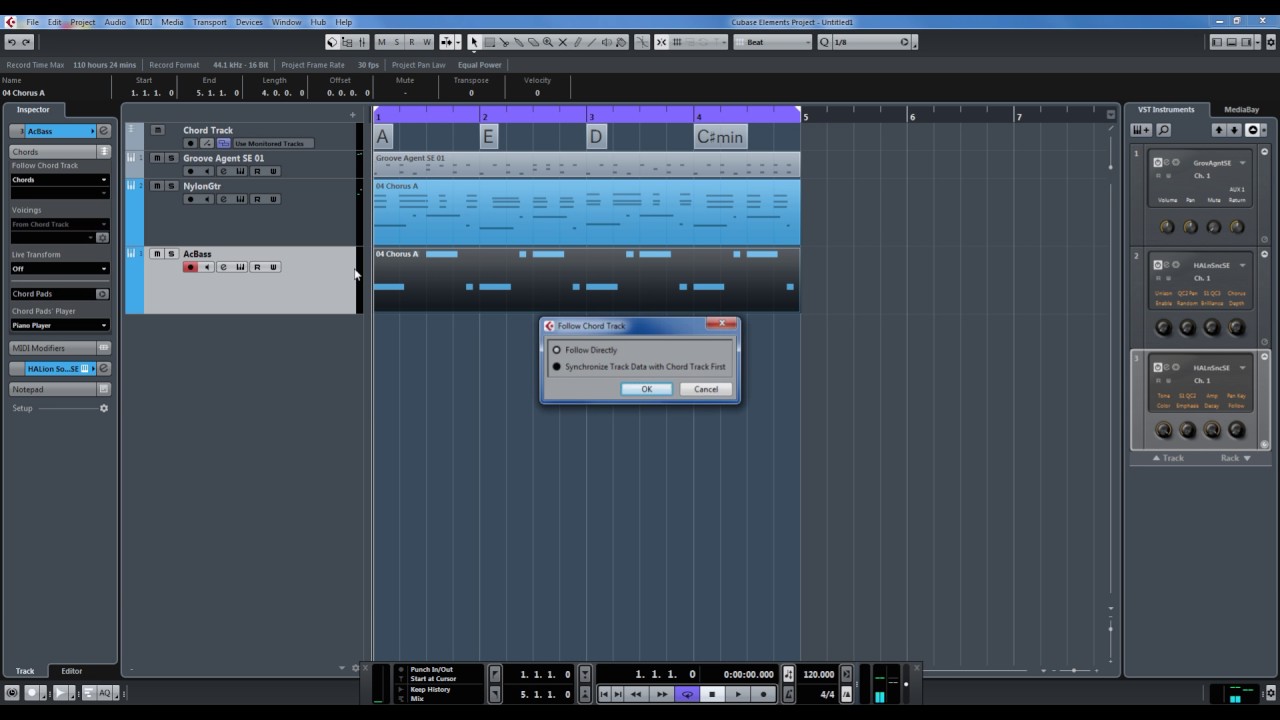 Cubase Elements Chord Track and Midi Clips Follow Chord Changes