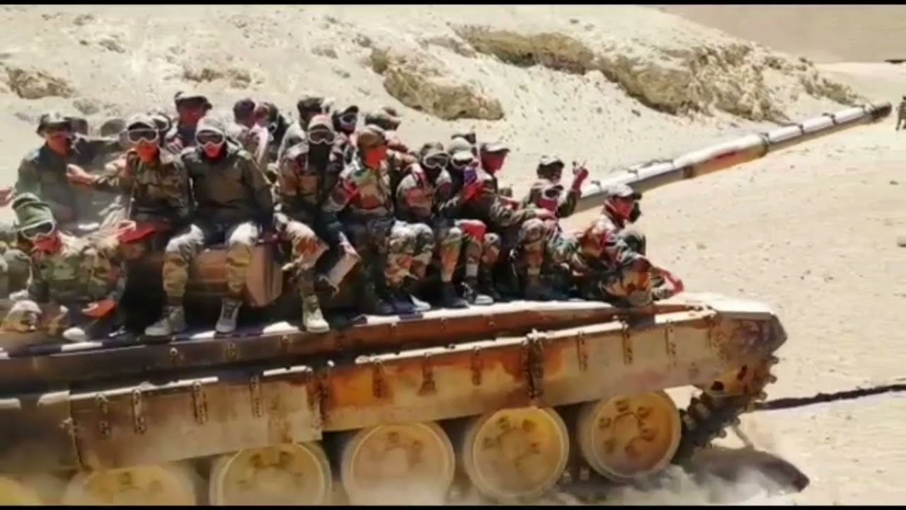 Ladakh: Infantrymen riding T-72 AJEYA Main Battle Tank of Indian Army