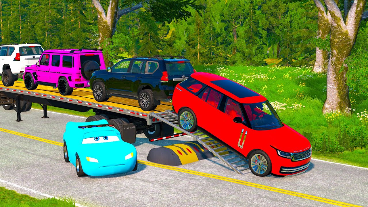 TRANSPORTING PIXAR CARS & FRUITS WITH COLORED & JOHN DEERE vs CLAAS vs TRACTORS - BeamNG.drive #962
