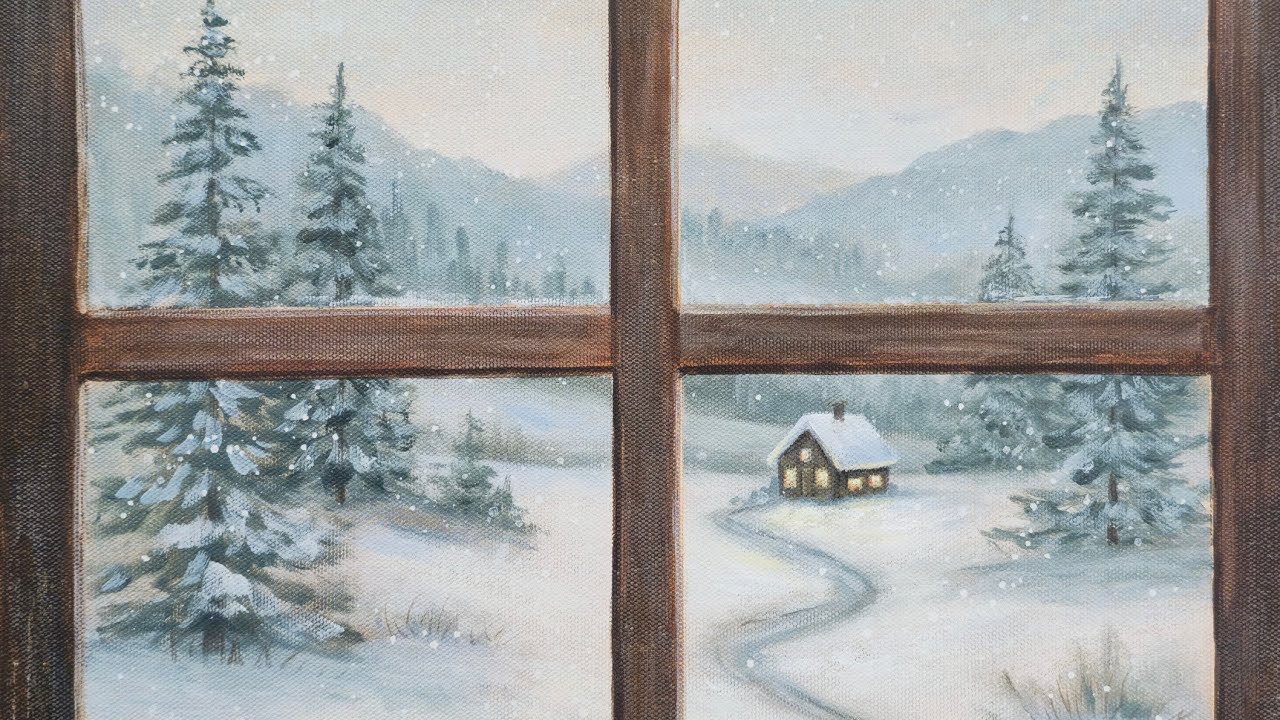 Peaceful Winter Cabin Window Acrylic Painting 