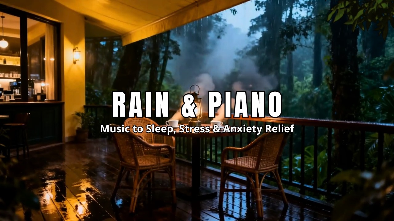 Relaxing Piano + Rain Sounds Forest Cafe Deck for Deep Sleep | Cozy Rainy Night for Insomnia Relief