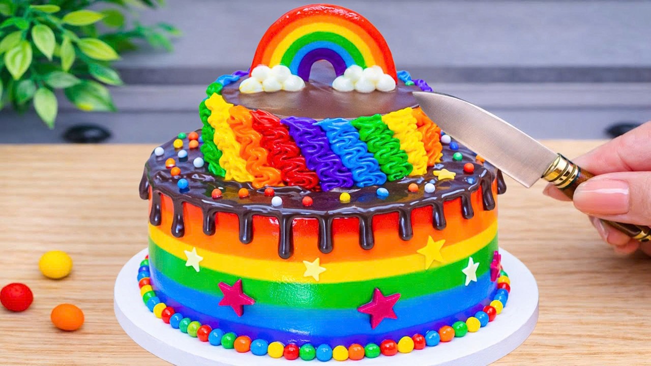 Потрясающий рецепт радужного торта с шоколадом 🍭 | Расслабляющее ASMR-украшение торта | Мини-блаж...