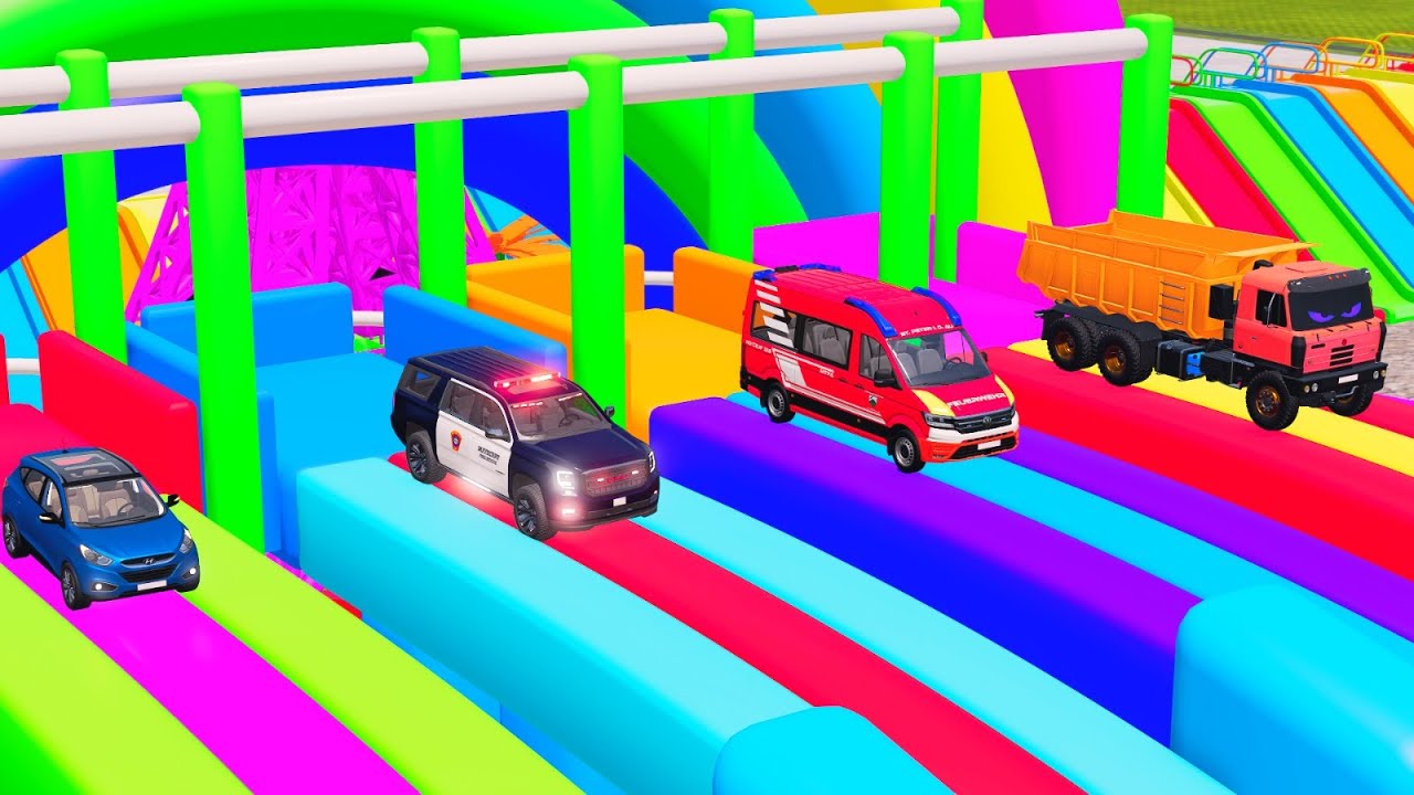 Garage with Colors – Transport of Colors - Police Car, Fire Truck, Dump Truck, Blue Car