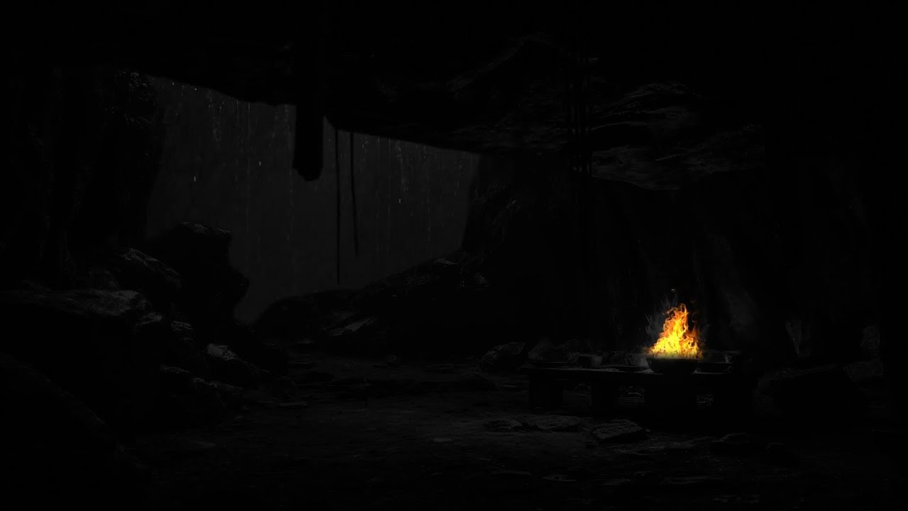 DARK CAVE AMBIENCE - Taking Shelter from the Rain in a Cave & Lighting a Campfire🔥Sound for Relax