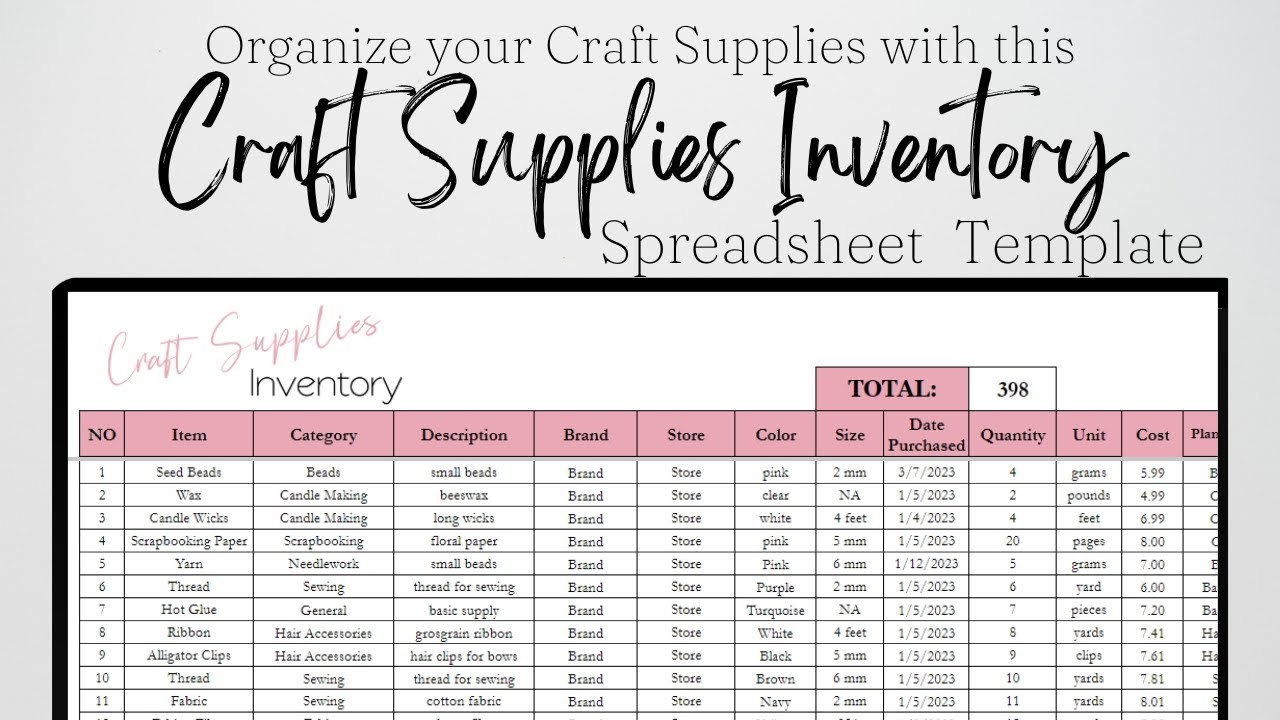 Craft Supplies Organization, Craft Supply Inventory Tracker List Excel Spreadsheet, Google Sheets