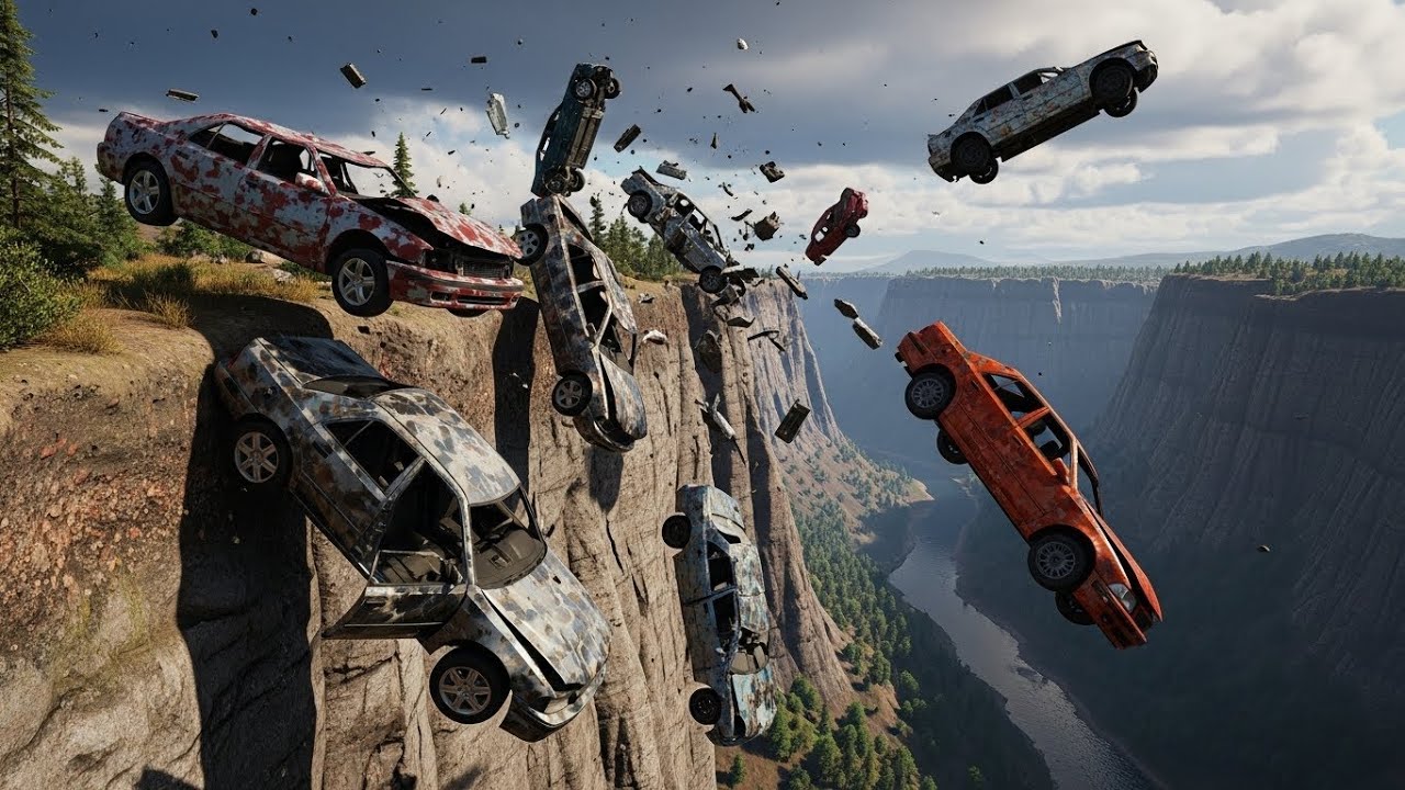 Airborne Cars and Trucks – Cliff Drop Physics Test BeamNG.DRIVE