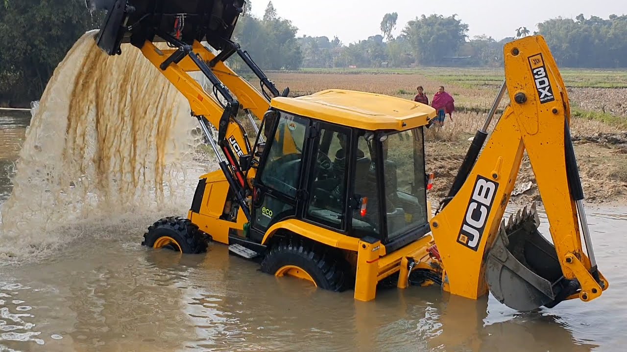 Amazing ! JCB Backhoe Machine Washing in River and Showing Stunt - JCB 3DX Machine - JCB Video