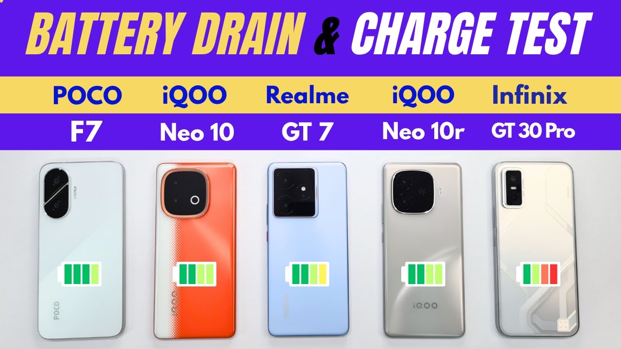 (5G) BATTERY Drain & CHARGE | POCO F7 vs iQOO Neo 10 vs Realme GT 7 vs Neo 10r vs Infinix GT 30 Pro