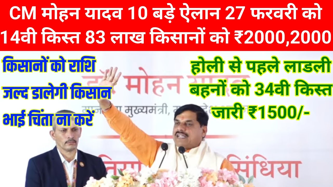 CM मोहन यादव 10 बड़े ऐलान/ 27 फरवरी को 14वी किस्त/83 लाख किसानों को ₹2000,2000/लाडली बहना किस्त/