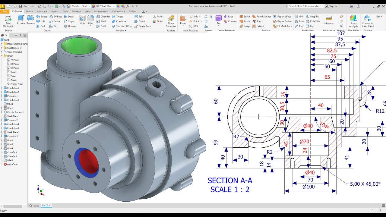 Autodesk inventor Create Worm gear Housing Modeling  Exercise 103