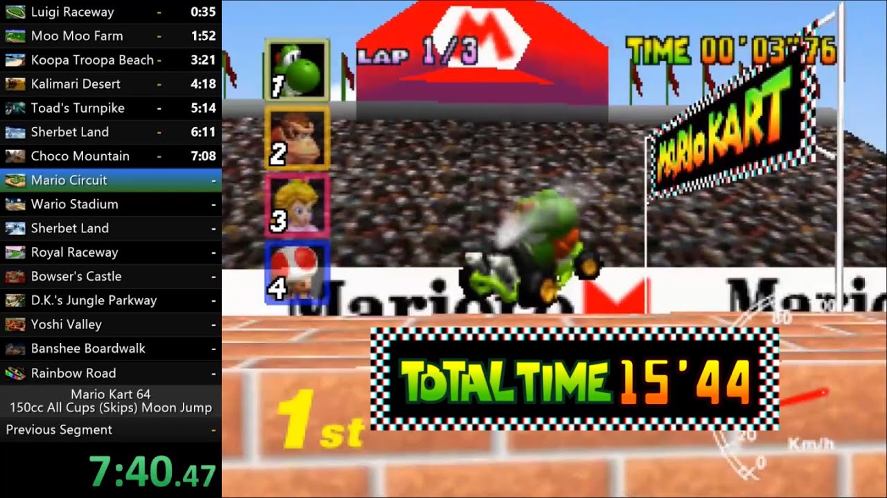 【WR】マリオカート64 Mario Kart 64 150cc All Cups Skips Moon Jump Speedrun 15:44