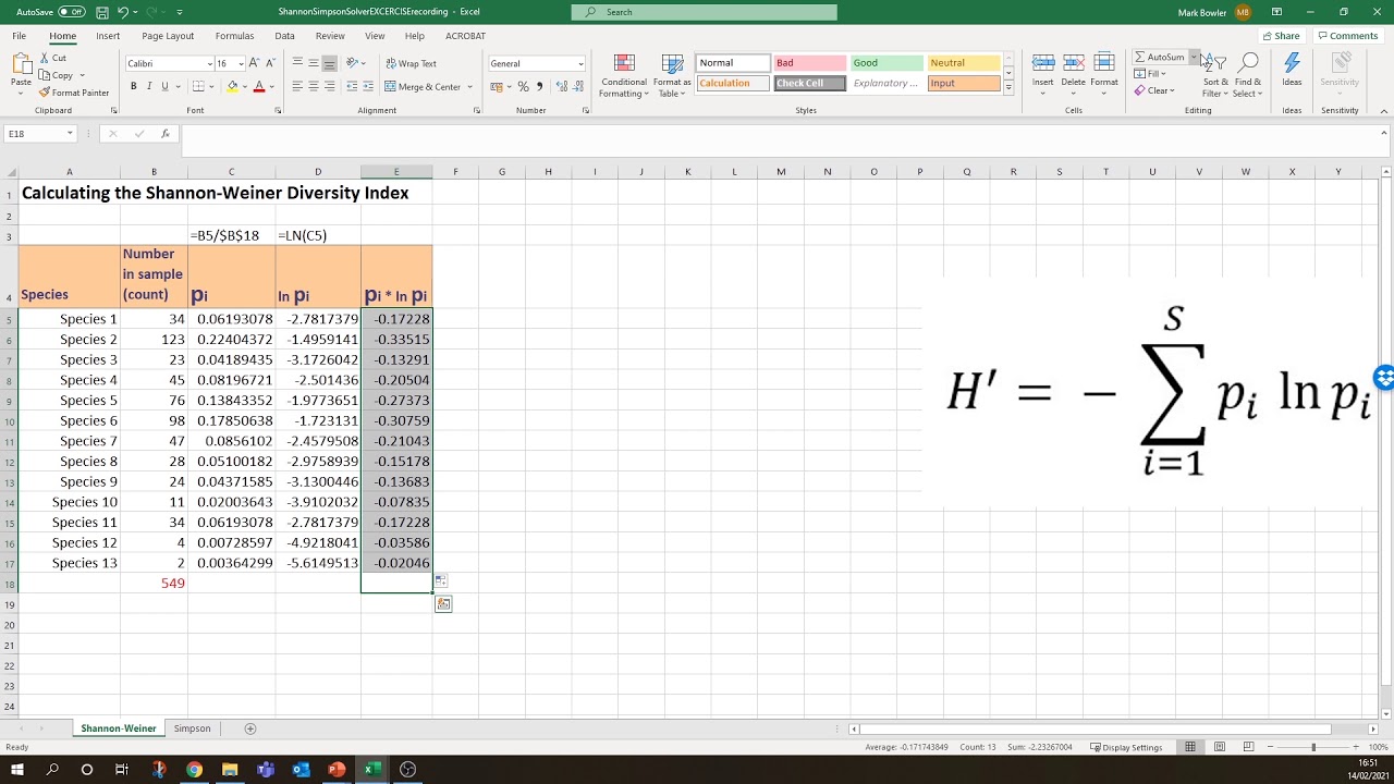 Shannon-Weiner Diversity Index solver in Excel