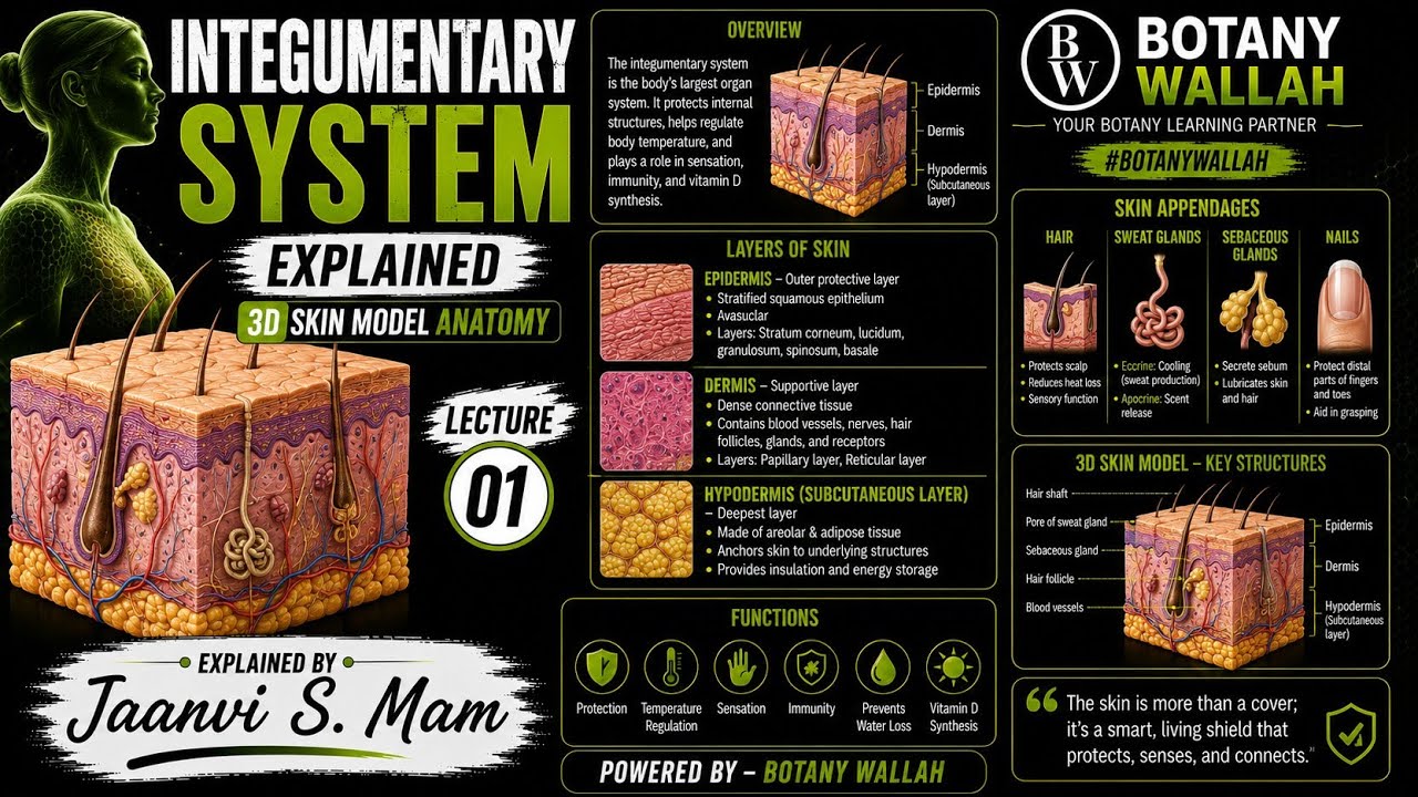 Integumentary System Explained | 3D Skin Model Anatomy | Jaanvi Mam | Botany Wallah