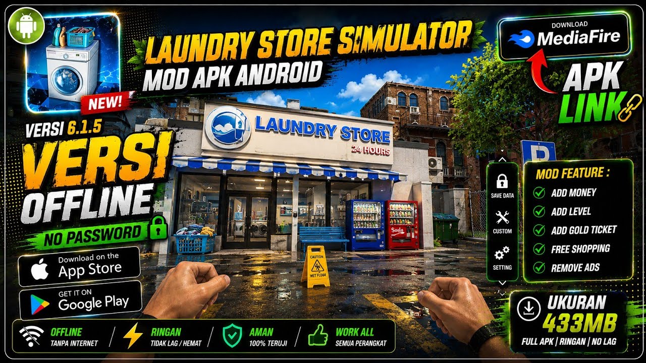 DOWNLOAD!! Laundry Store Simulator Mod Version 6.1.5  | Level Max & Mod Menu+ | Download MediaFire