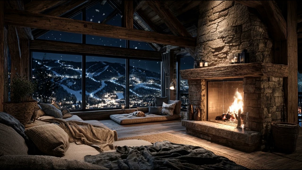 Fireside Chalet 🔥 Cozy Mountain Cabin Ambience: Snowy Night & Fireplace | 3 Hours (4K)