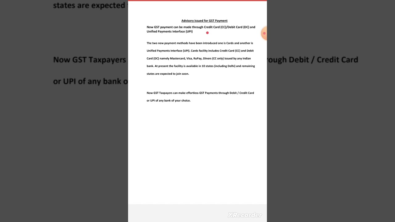 GST payment through Debit card credit card and upi