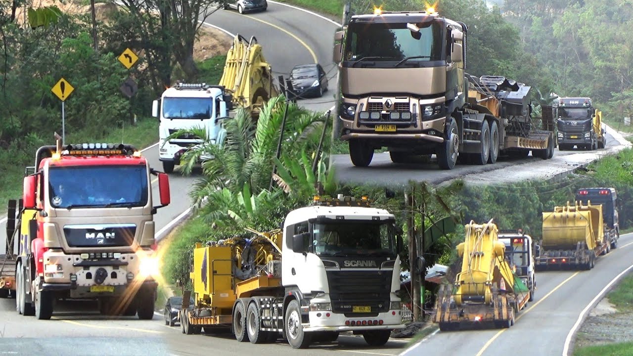 Konvoi 11 Truk Trailer Muatan Pecahan Excavator  KOMATSU PC2000. RENAULT SCANIA MAN UDQUESTER FAW