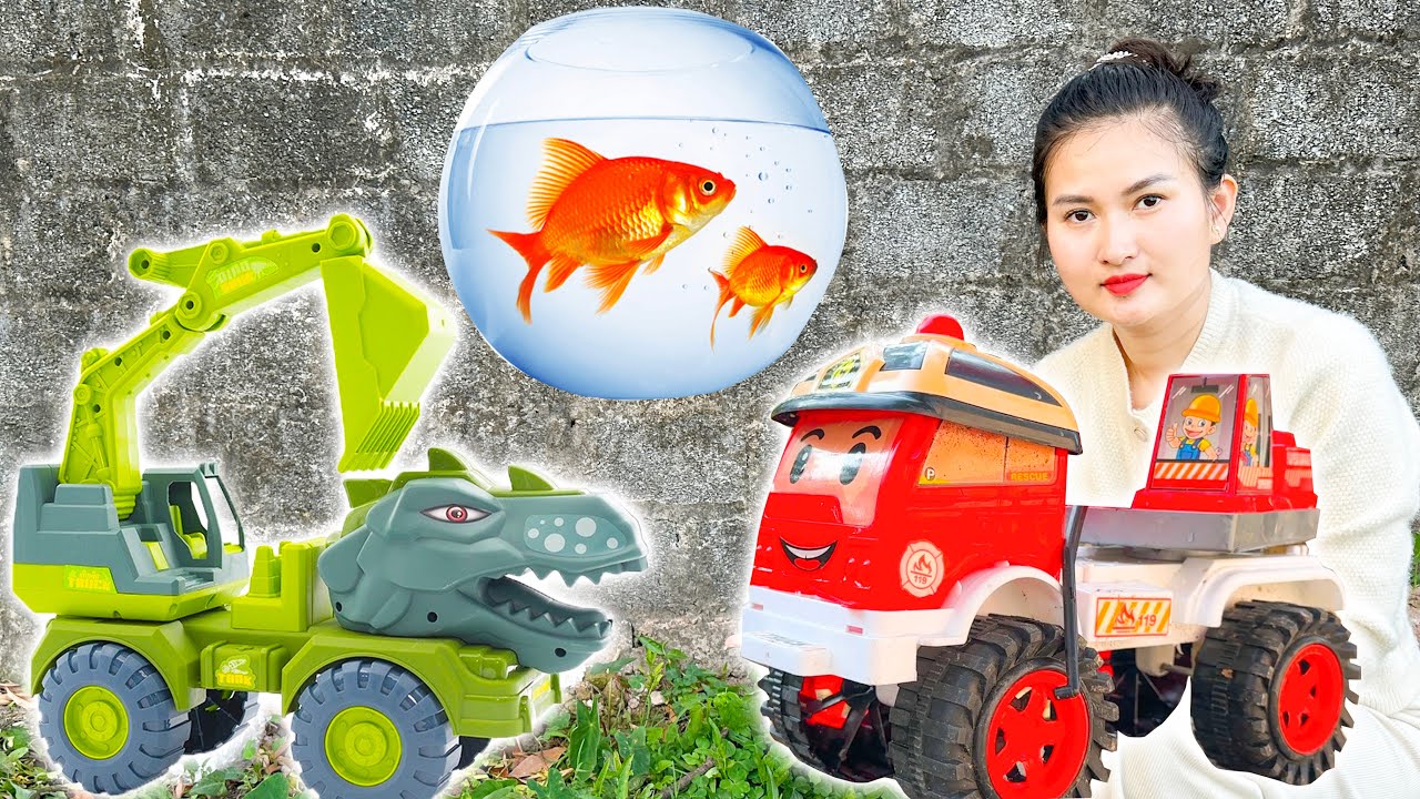 Changcady cùng xe máy xúc khủng long, xe cứu hỏa, xe ben giải cứu gia đình nhà cá con .