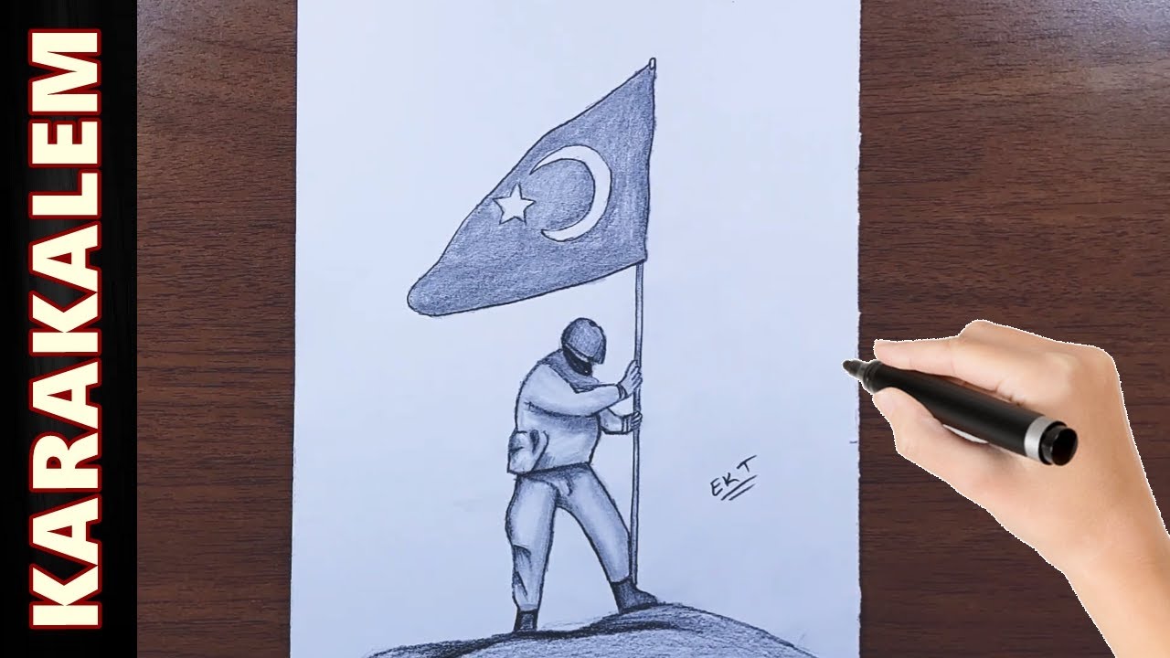 BAYRAK DİKEN ASKER ÇİZİMİ - ASKER NASIL ÇİZİLİR - KARAKALEM RESMİ-