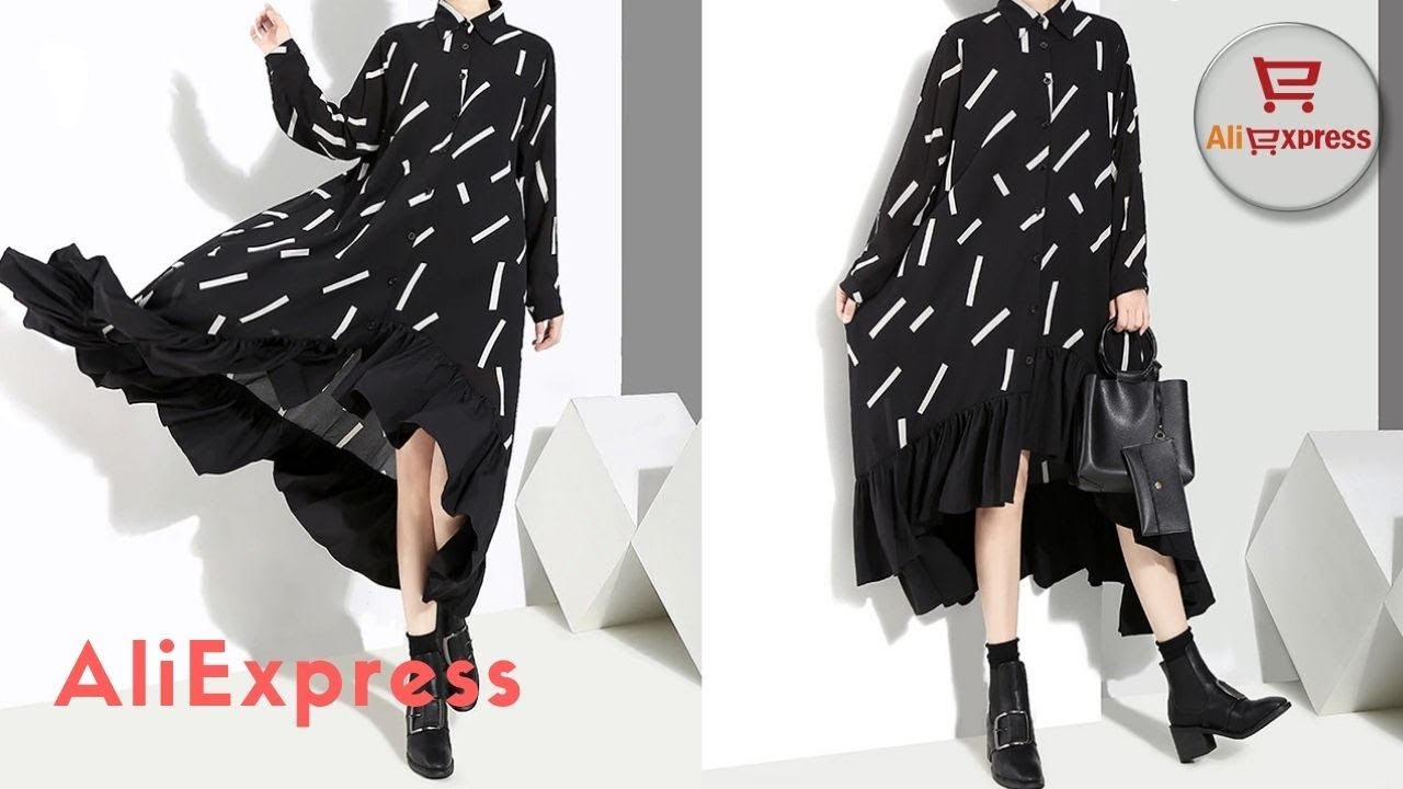 Dress From AliExpress.  Clubwear Black Shirt Long Sleeve Loose Ruffles Stripes Print Plus Size.