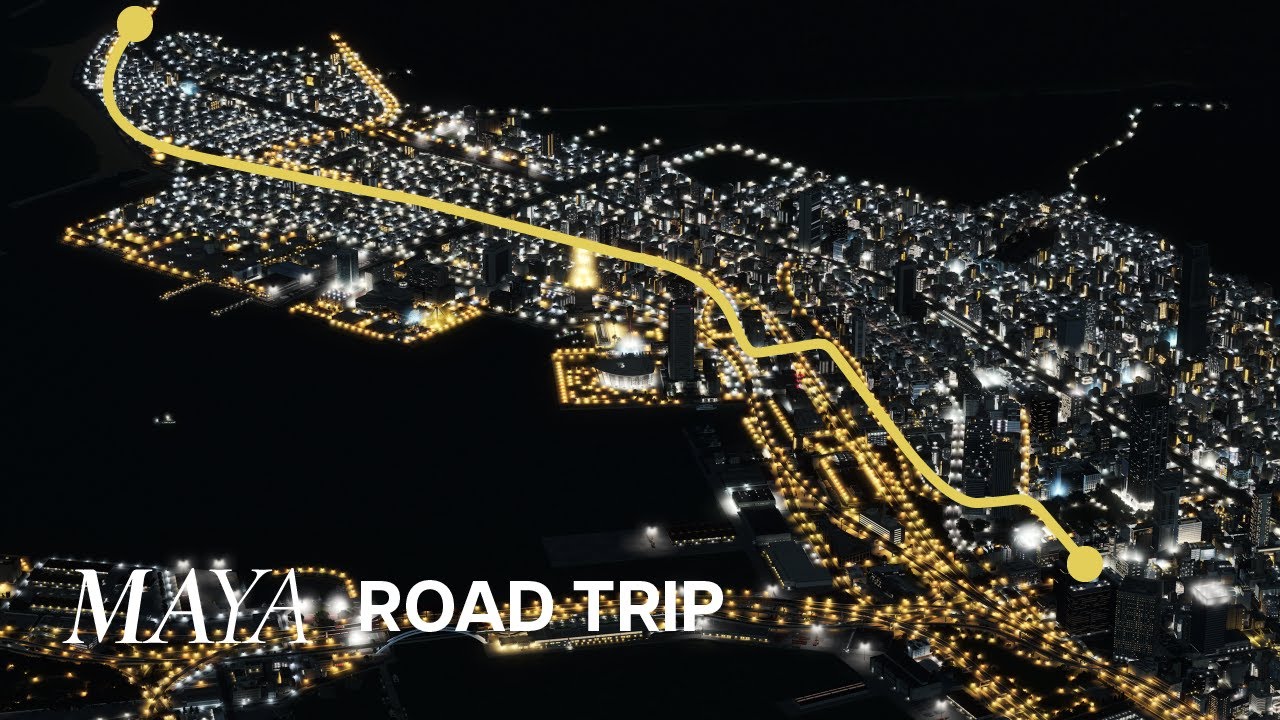 Night Coastal Road Trip: To City Park (Downtown) in First Person - Cities Skylines: Maya