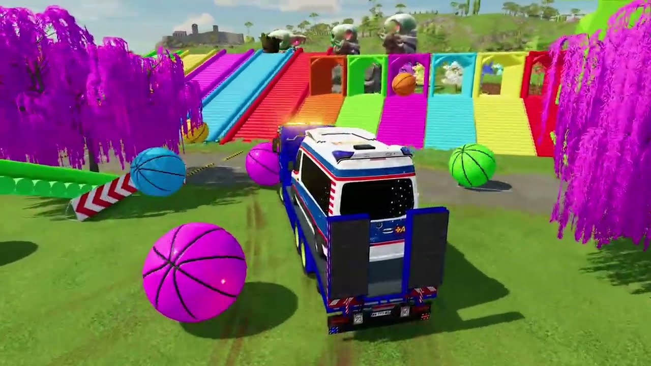 TRANSPORTING PIXAR CARS & FRUITS WITH COLORED & JOHN DEERE vs CLAAS vs TRACTORS - BeamNG.drive #983